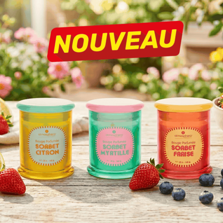 Rows of colourful sorbet jars labelled myrtille, citron and fraise with fresh strawberries and blueberries and a 'NOUVEAU' banner