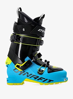 Dynafit alpine touring ski boot in blue, black and neon yellow, side profile showing buckles and high cuff