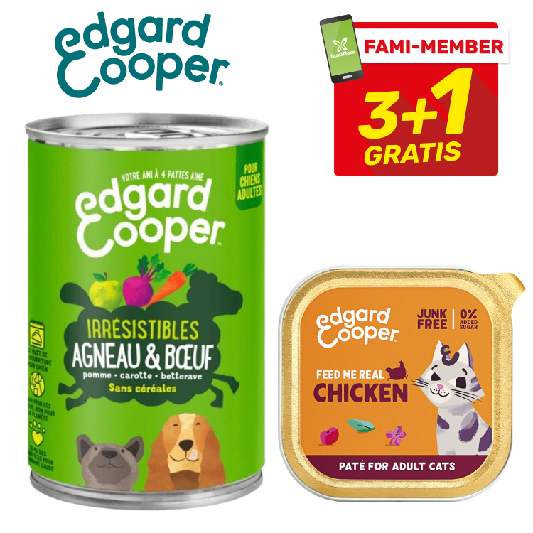 Edgard Cooper pet food: green can lamb & beef dog food and chicken pâté tray for adult cats, 3+1 gratis promo
