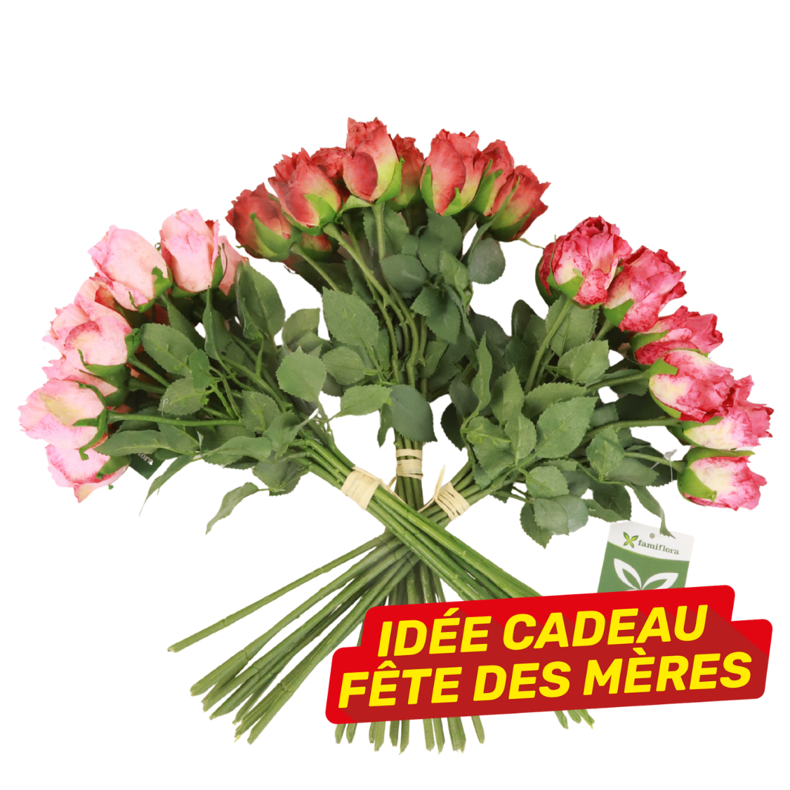 Three small bouquets of pink and red roses with green leaves and stems, paired with a Mother's Day "Idée cadeau" gift tag