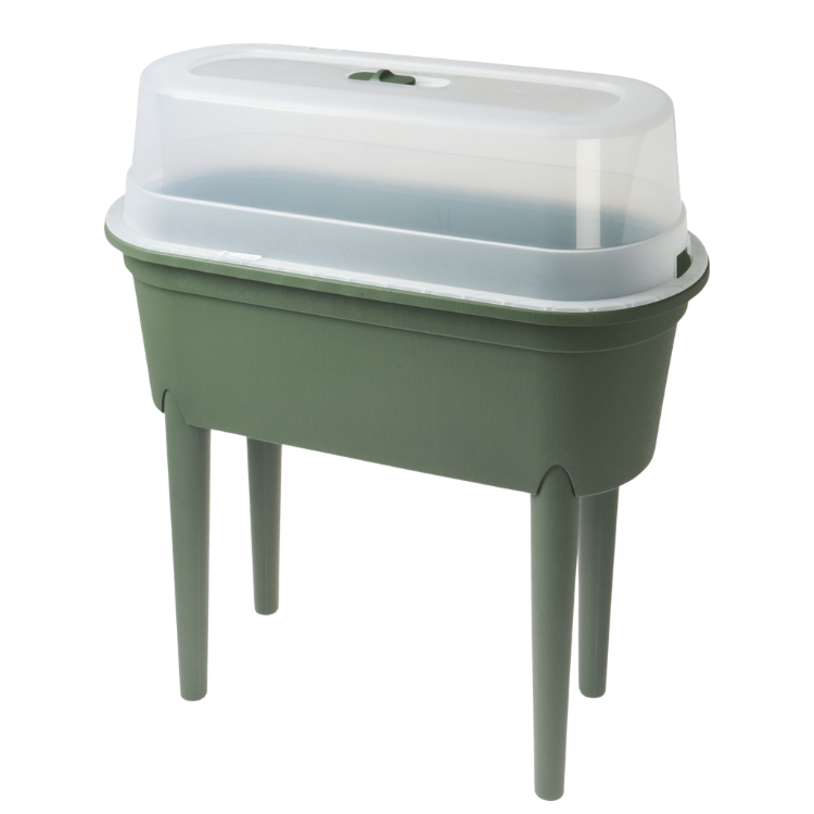 Green raised planter with tall legs and clear plastic propagation dome lid – elevated indoor/outdoor herb and seedling tray