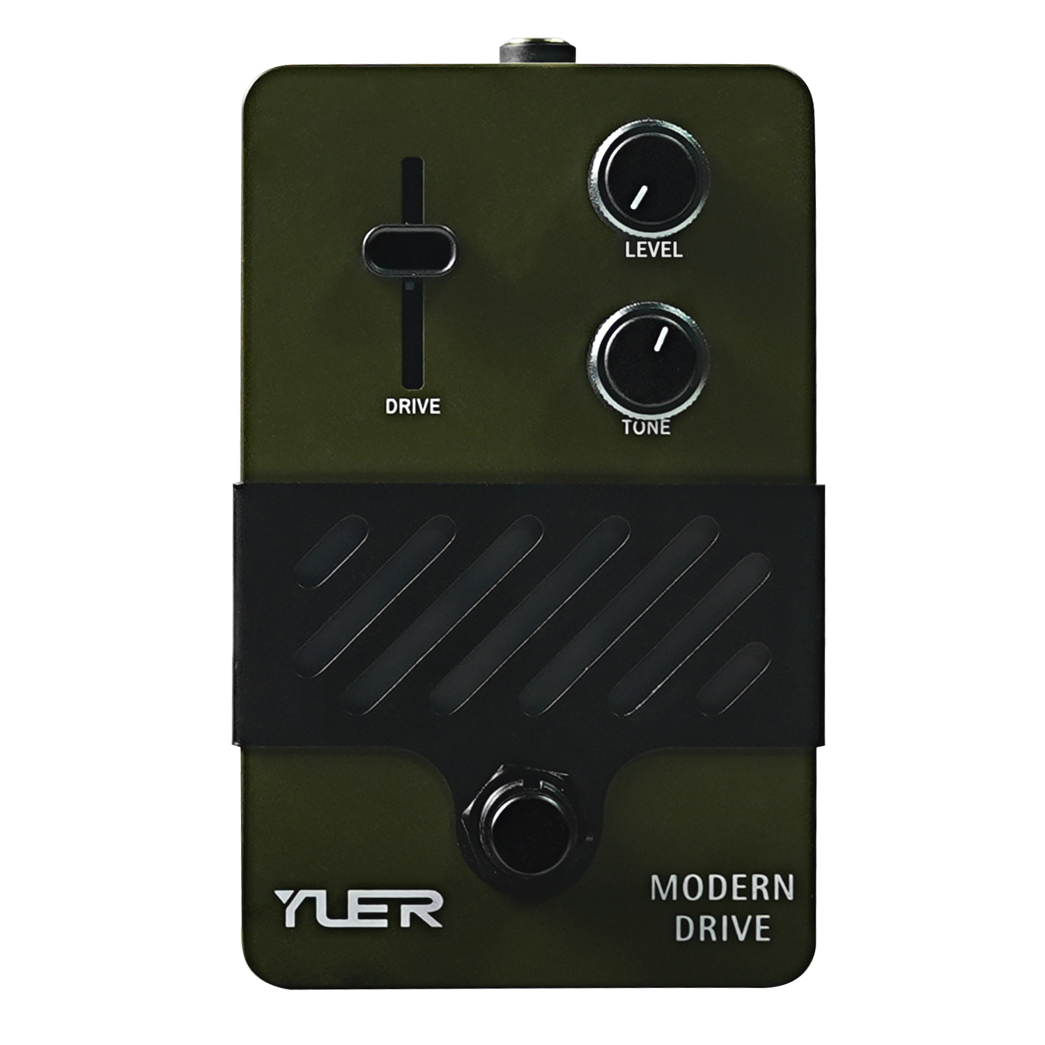 Green YLER Modern Drive guitar effects pedal with drive slider, level and tone knobs and centre footswitch, top-down view