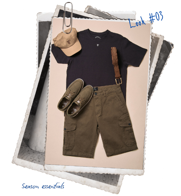 Collage de fotografias antiguas con un total look de La Garrocha, con camiseta EQ basica marino, gorra brand arena, cinturon trenzado de piel, nauticos egina en color verde oliva y bermudas cargo verde.