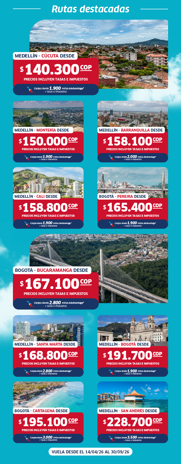 Featured Colombian flight routes poster showing destinations (Medellín, Bogotá, Cúcuta, Barranquilla, Cartagena, San Andrés) and prices in COP