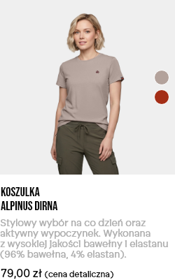 Woman wearing taupe Alpinus Dirna short-sleeve cotton T-shirt and olive cargo trousers, front view on white background