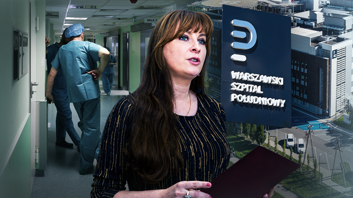 Kobieta przemawia na tle korytarza szpitalnego i budynku Warszawskiego Szpitala Południowego