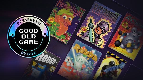 Colourful arrangement of retro video game cover art and characters with a GOG "Good Old Game" preserved badge