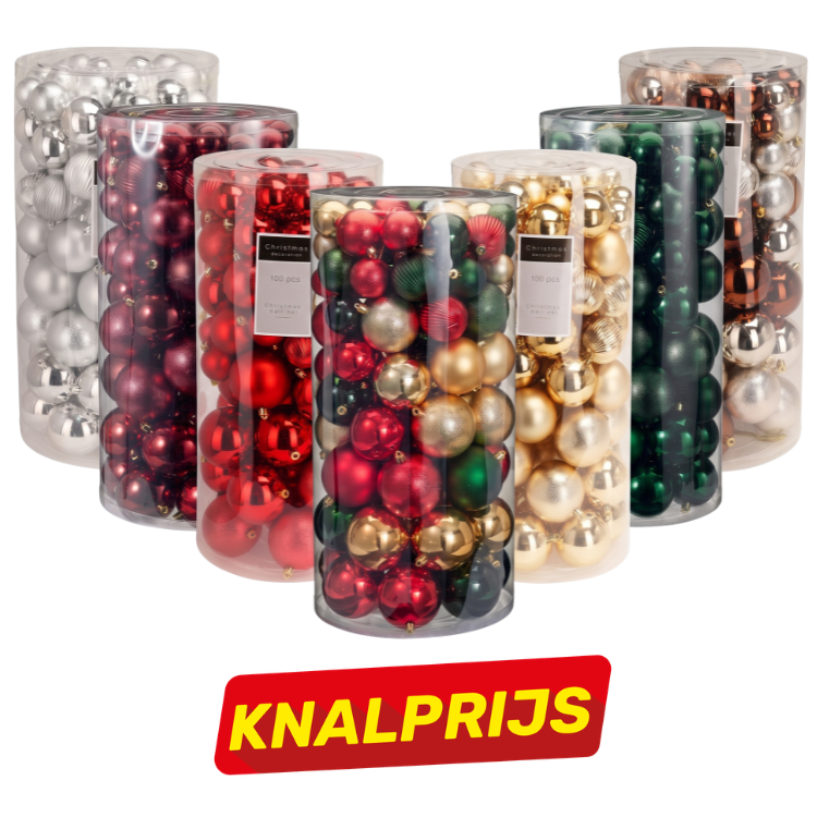 Clear tubs of assorted Christmas baubles in red, green, gold, silver and copper, labelled packs with 'KNALPRIJS' banner