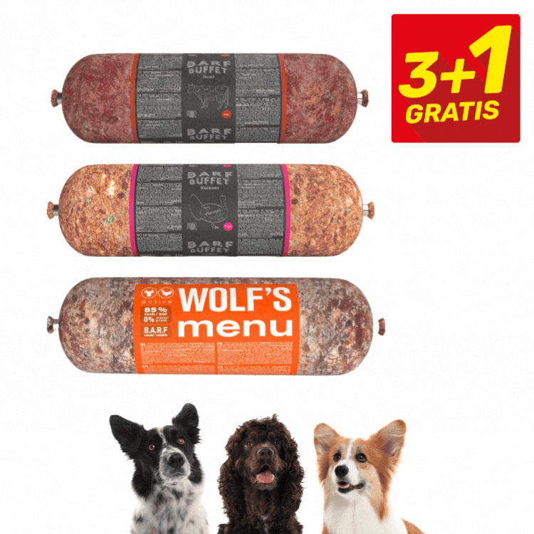 Wolf's Menu BARF raw dog food selection: rolls, patties and 2 green/orange packs, three dog breeds, 3+1 GRATIS promotion