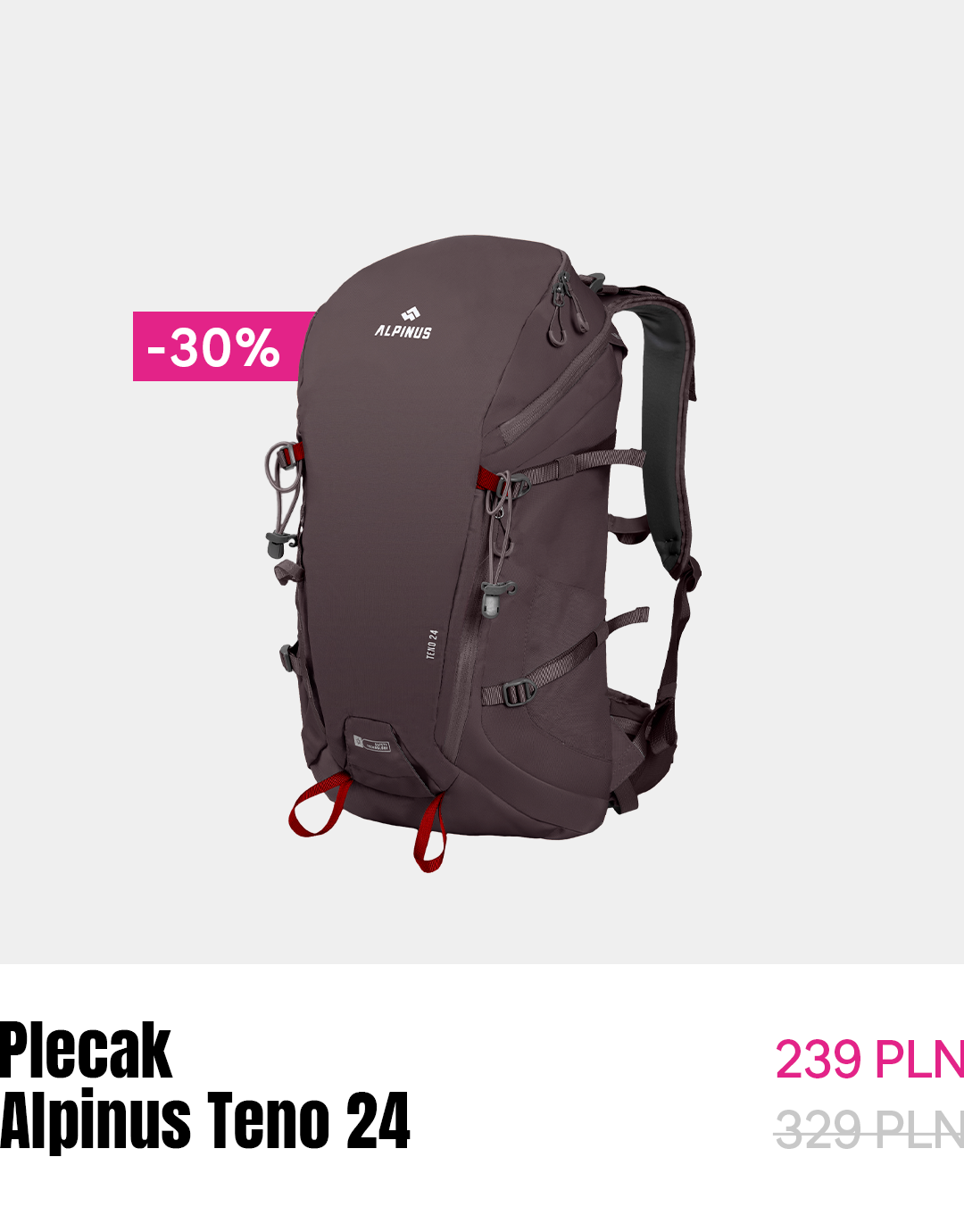 Alpinus Teno 24 hiking backpack in dark grey with padded shoulder straps, hip belt and red gear loops, displayed with -30% discount