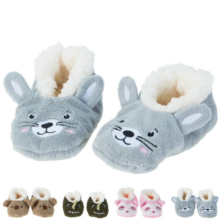 Grey plush baby slippers shaped like smiling bunny faces with soft cream faux-sheepskin lining — also shown in brown, green and pink variants
