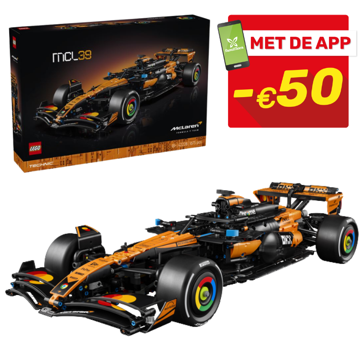 LEGO Technic McLaren MCL39 orange Formula 1 car model and box with red €50 app discount badge