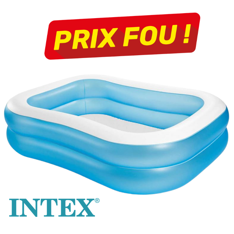Blue and white Intex rectangular inflatable family paddling pool with three rings and red 'Prix Fou!' sale banner