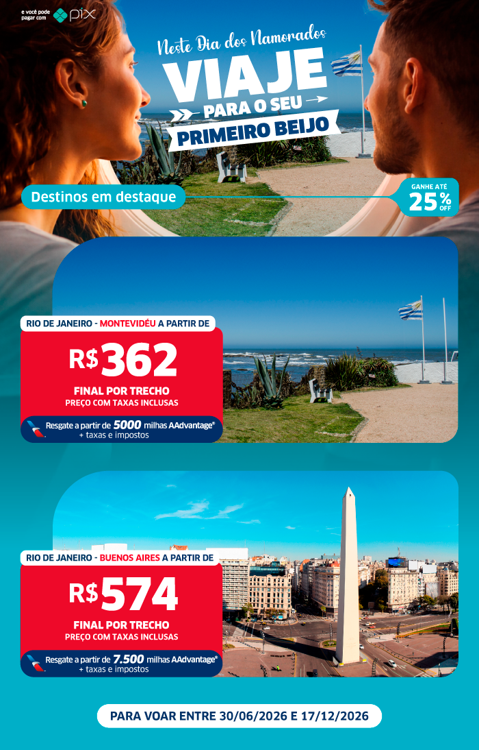 Couple looking through airplane window at Montevideo beach and Uruguayan flag, promotional fares from Rio to Montevideo and Buenos Aires