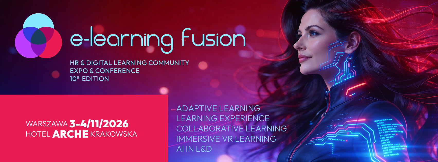 Banner for e-learning fusion HR & digital learning conference, Warsaw 3–4 Nov 2026, futuristic woman with glowing digital circuit overlays