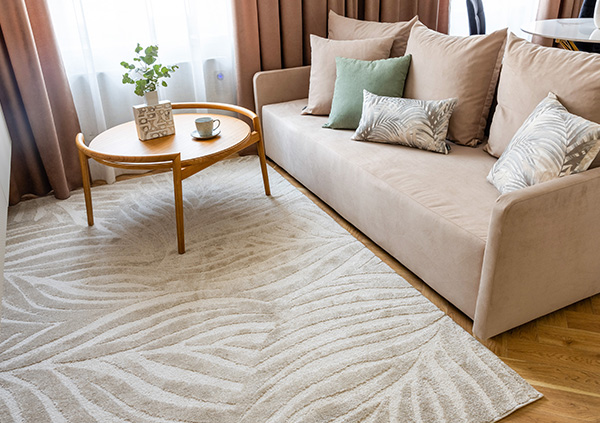 Miękki, beżowy dywan w nowoczesnym salonie.