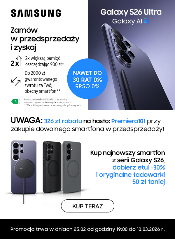 Samsung Galaxy S26 Ultra pre-order banner showing purple phone, 0% interest up to 30 installments, trade-in credit and discounts