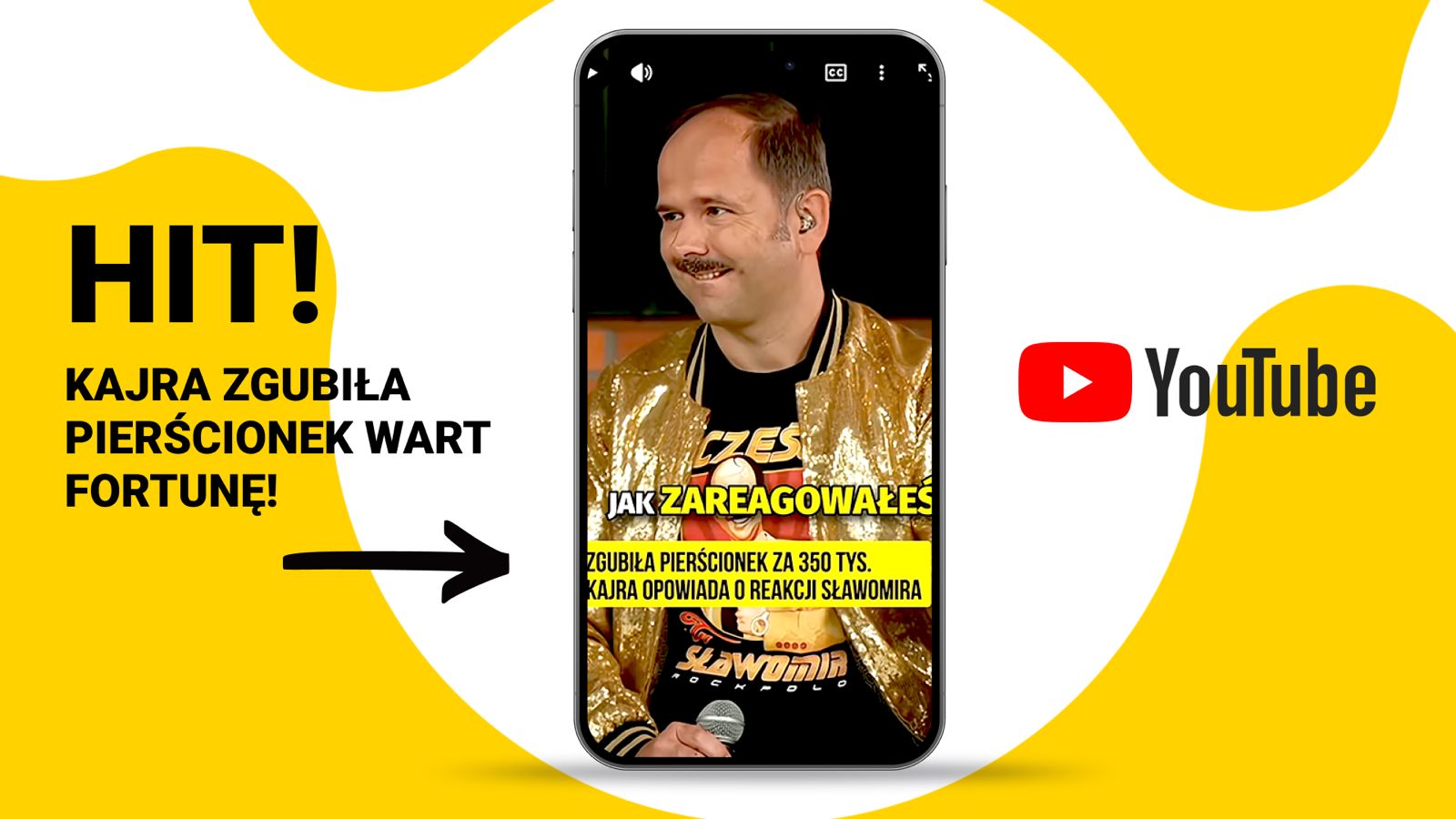 Miniatura YouTube na smartfonie: mężczyzna w złotej kurtce, nagłówek o zgubionym pierścionku wartym fortunę, logo