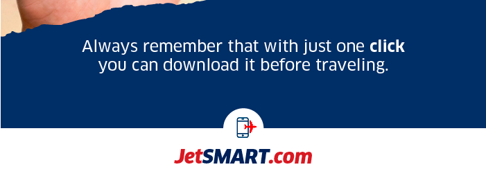 JetSMART promotional banner showing navy message about downloading your boarding pass with one click before travelling, plus logo