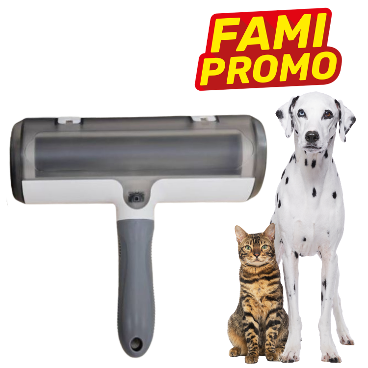 Grey-handled pet hair roller brush beside a Dalmatian dog and tabby cat with red and yellow 'FAMI PROMO' logo