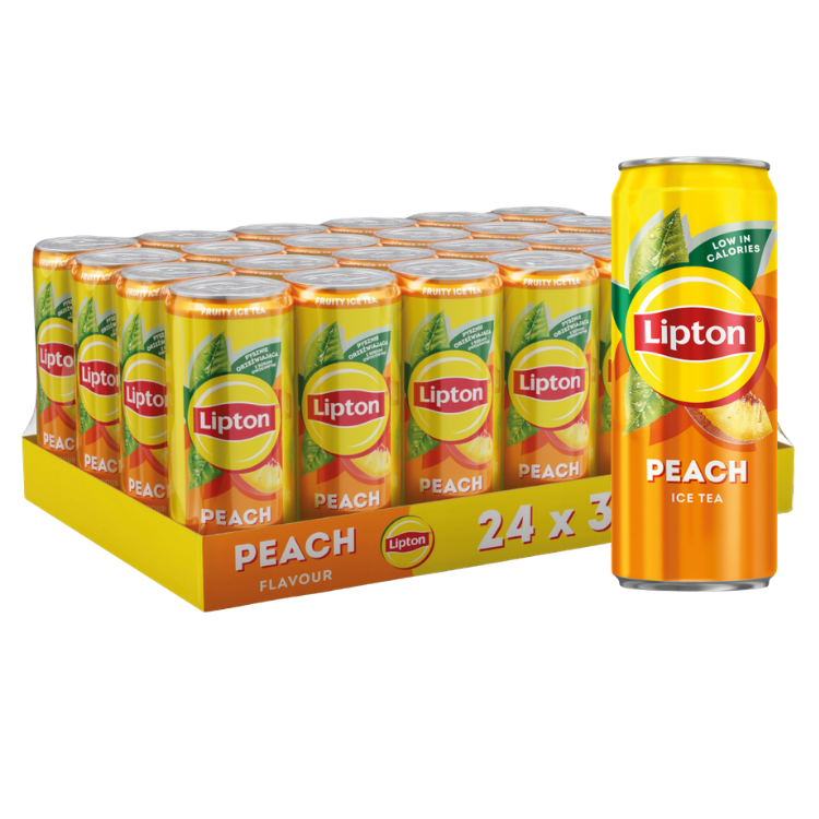 Tray of 24 Lipton Peach Ice Tea cans with single can displayed, bright orange packaging, peach flavour, low in calories