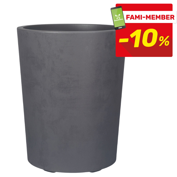Tall dark grey cylindrical garden planter pot on white background with red 'FAMI-MEMBER -10%' discount badge top right