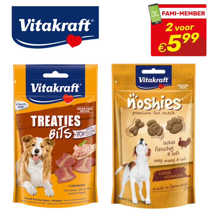 Vitakraft logo and two dog treat packets: Treaties Bits liver sausage and Noshies premium fun snack, promo 2 for €5.99