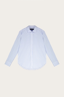 Light blue pinstripe long-sleeve men's dress shirt with button-down collar, flat-lay on pale neutral background