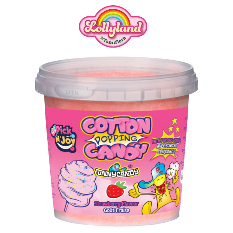 Tub of pink Cotton Popping Candy with clear lid, strawberry-flavour label and colourful Lollyland logo
