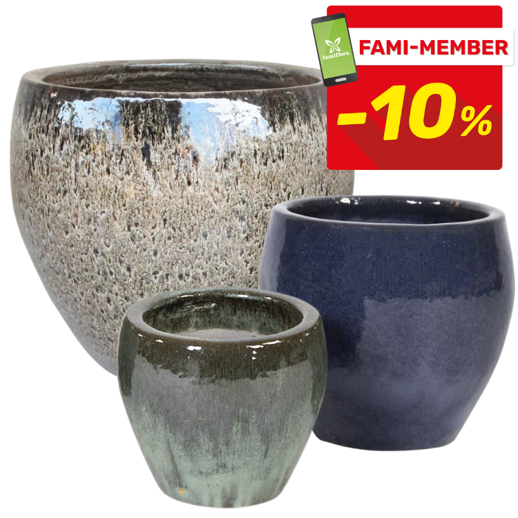 Three glazed ceramic plant pots in small green, medium blue and large speckled grey, with red 'Fami-Member -10%' discount badge