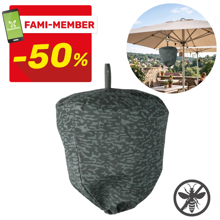 Grey camouflage hanging insect trap cover with inset showing the trap suspended under a patio umbrella and a 50% FAMI‑MEMBER discount badge