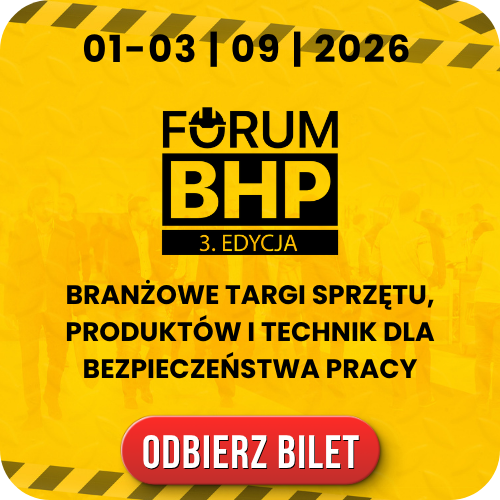 Yellow safety poster for Forum BHP 3rd Edition industry fair, 1–3 Sep 2026, workplace safety equipment expo, 'Collect ticket' button