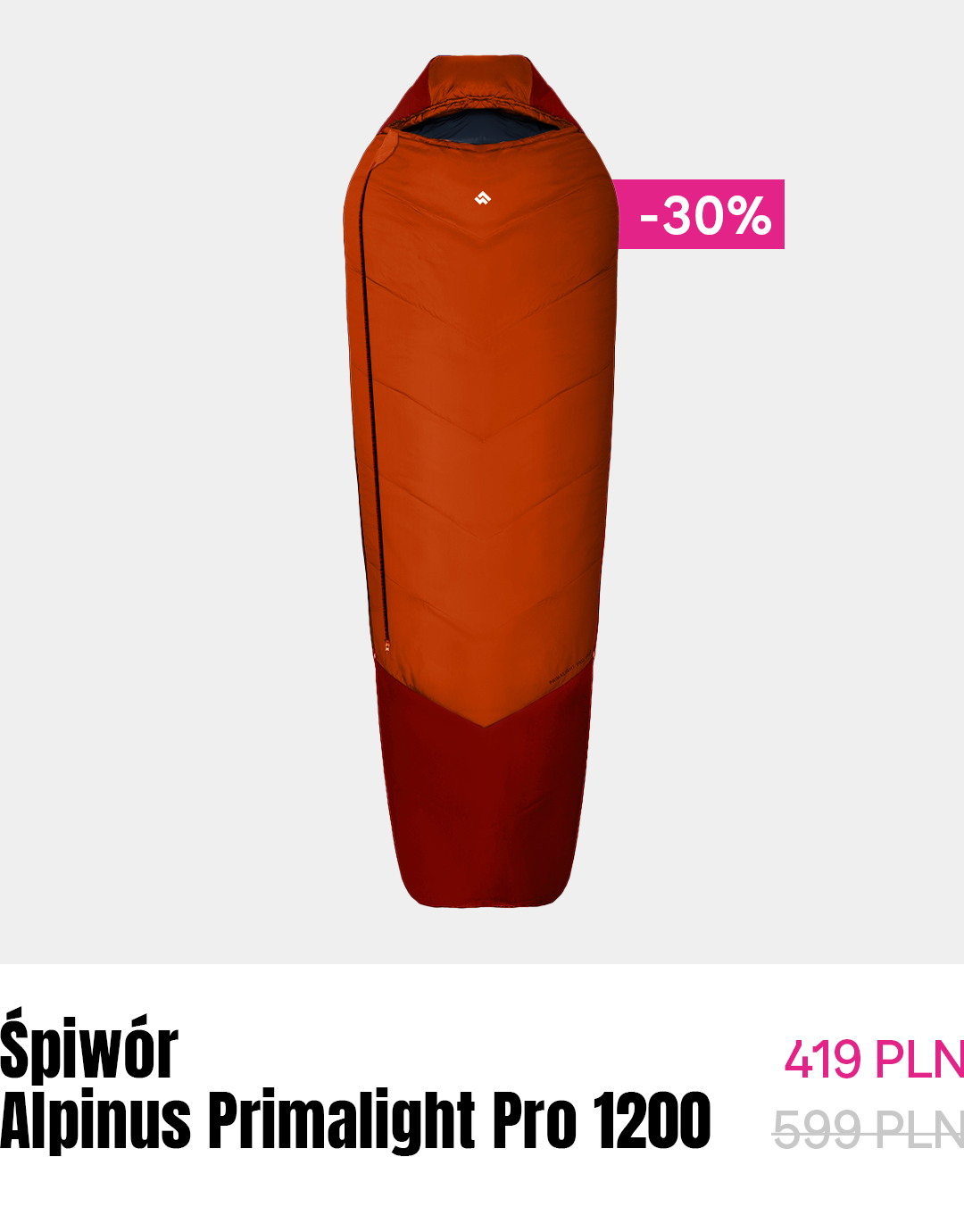 Orange-red Alpinus Primalight Pro 1200 mummy sleeping bag with -30% discount label on white background
