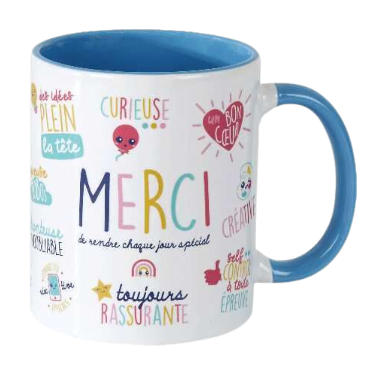 White ceramic mug with blue handle and interior, colourful French 'MERCI' lettering with cheerful illustrations and positive words
