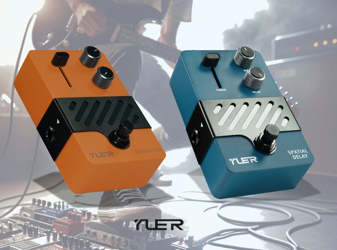 Two guitar effects pedals (orange distortion and blue spatial delay) floating above a stage with guitar, pedalboard and cables