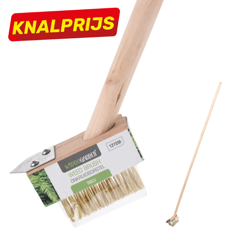 Long wooden-handled weed brush with metal scraper and brass bristles, labelled tool, with red 'Knalprijs' sale badge