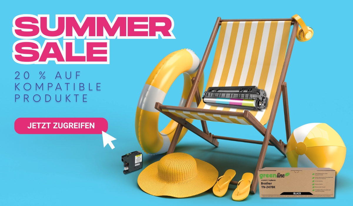 Bright summer sale scene with deckchair, beach accessories and printer toner cartridges, 20% off compatible products