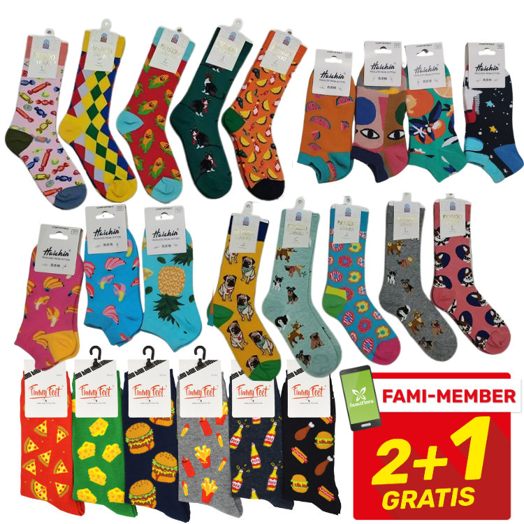 Colourful novelty socks (ankle & crew) with donuts, pizza, animal and fruit designs, assorted pack 2+1 gratis.