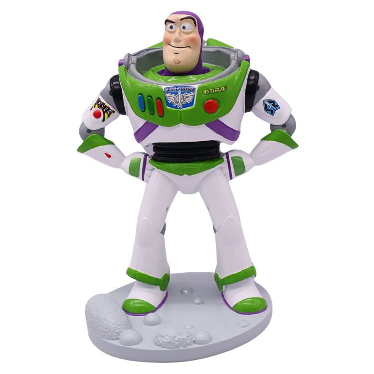 Buzz Lightyear action figure in white, green and purple spacesuit standing hands-on-hips on a moon-base display