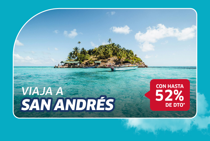 Aerial view of San Andrés island with palm trees and boat on turquoise sea; travel deal banner showing up to 52% off.