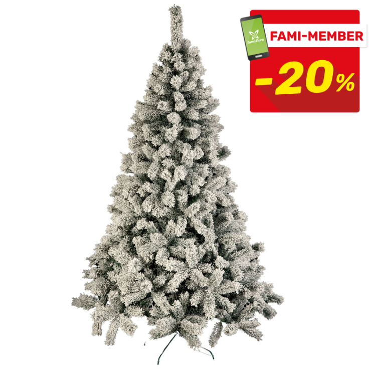 Tall flocked artificial Christmas tree with snow-effect branches on a metal stand, with red 'Fami-Member -20%' discount badge