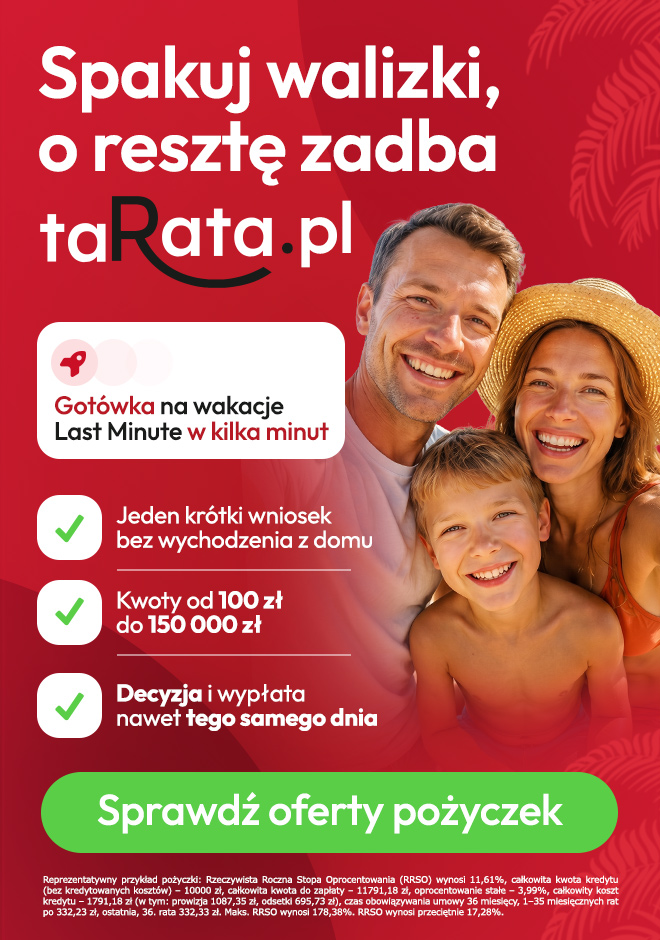 taRata ad: woman with smartphone on red banner promoting instalment loan up to 150,000 zł; example 15,000 zł over 24 months