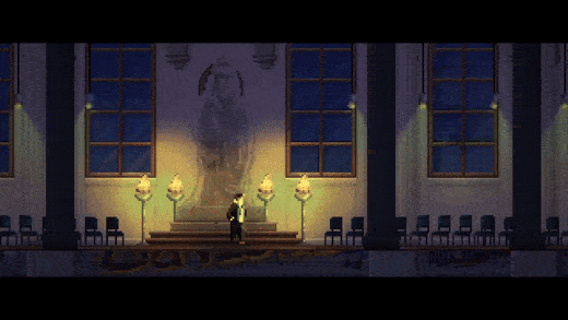 Pixel-art side-scroller game montage showing a detective in a grand hall, character dialogue boxes, futuristic lab and neon corridor with fire