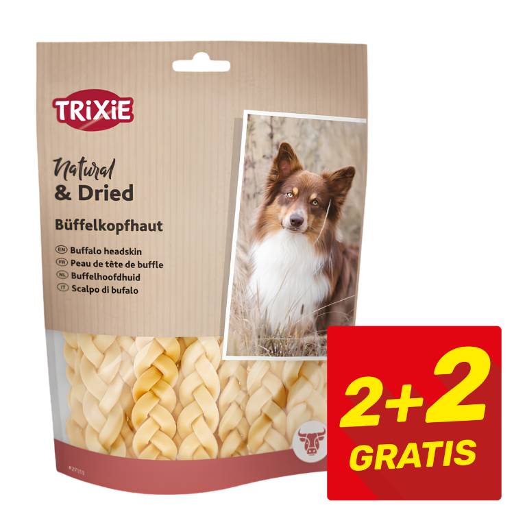 Trixie Natural & Dried braided buffalo headskin dog chews pack with dog photo and red 2+2 gratis promotion