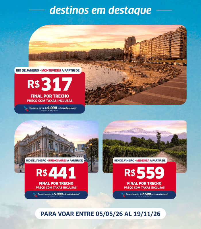 Promotional ad: Rio de Janeiro to Montevideo, Buenos Aires, Mendoza with fares R559 and travel dates
