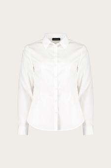 Women's white fitted long-sleeve collared button-up shirt on light background, classic cotton blouse
