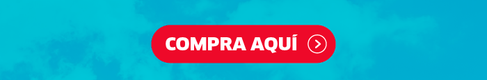 Red rounded call-to-action button reading 'COMPRA AQUÍ' (Buy here) on a turquoise textured background