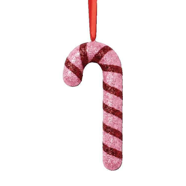 Seven hanging Christmas candy-cane ornaments with red, white and glitter stripes, isolated on a white background