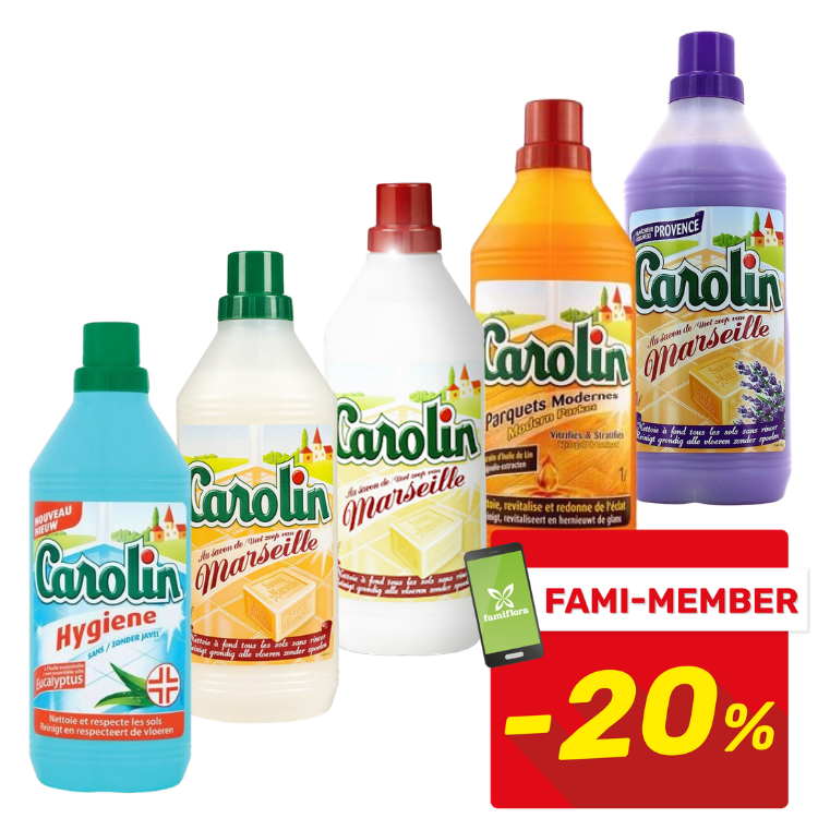 Five Carolin floor cleaner bottles (eucalyptus hygiene, Marseille and parquet variants) lined up with a red 'FAMI-MEMBER -20%' discount badge