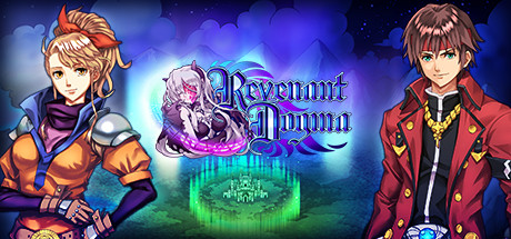 Fantasy RPG banner 'Revenant Down' with female warrior left, male adventurer right, glowing logo over a green magical portal